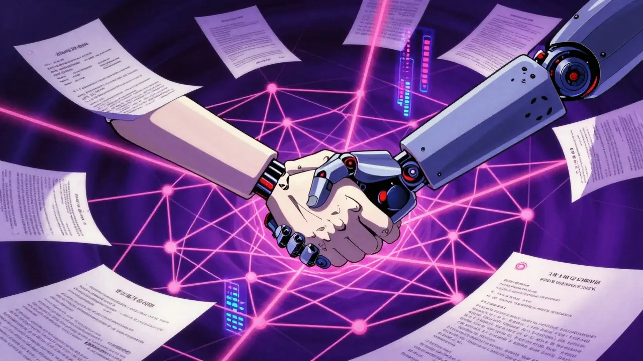 Tangled patent documents with handshake symbol, robot analyzing data streams.