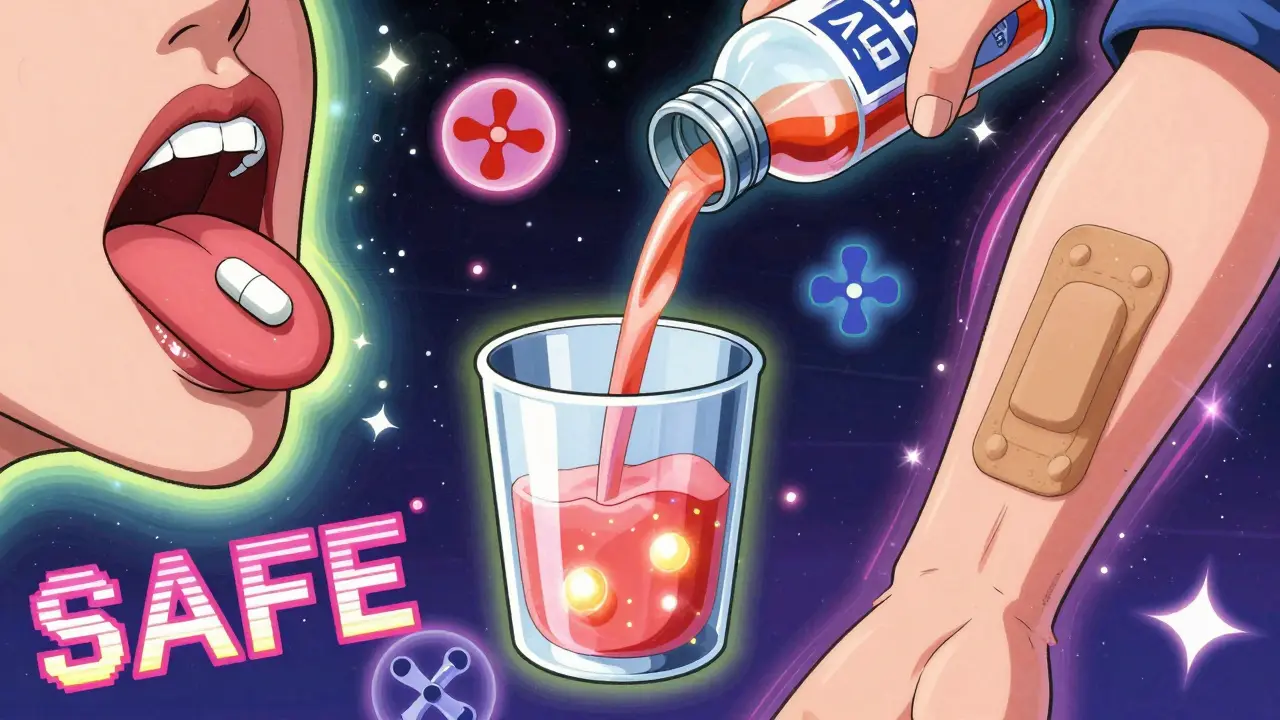 Three alternative medicine forms—tablet, liquid, and patch—glowing with safe, easy solutions.