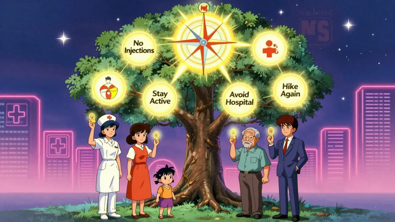 A diverse group of patients holding personal priority tokens beneath a glowing decision compass.