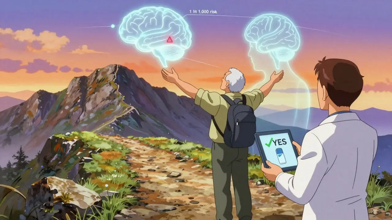 A man hiking on a trail, with a glowing brain risk icon behind him, symbolizing informed choice in autoimmune care.