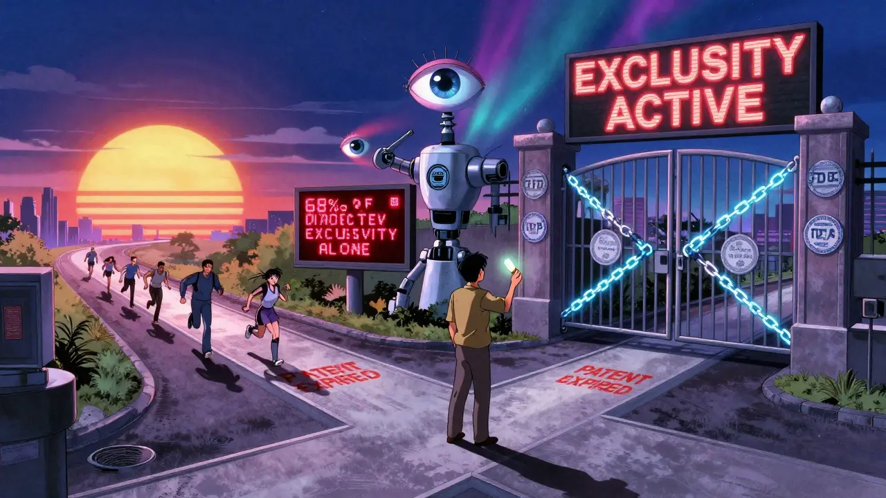 A patient at a crossroads between expired patents and active FDA exclusivity gates in a retro-futuristic city.