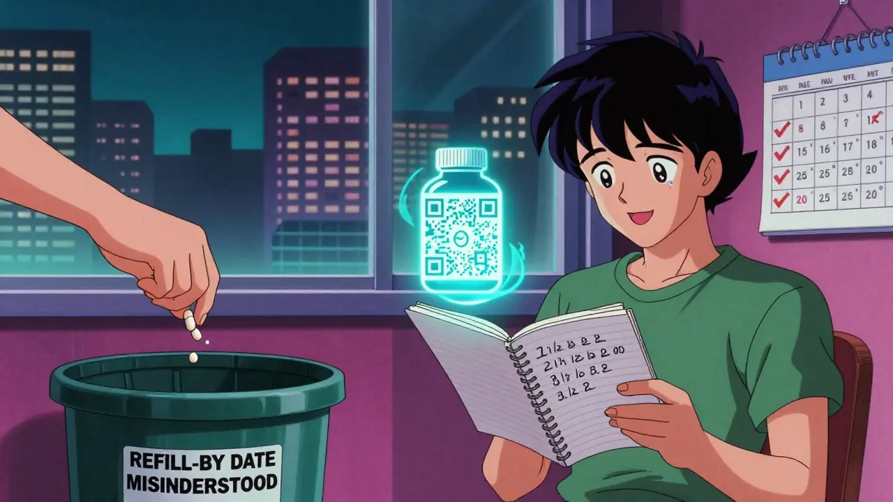 A person throwing away medicine versus organizing dates in a notebook, with a holographic QR code explaining the difference.