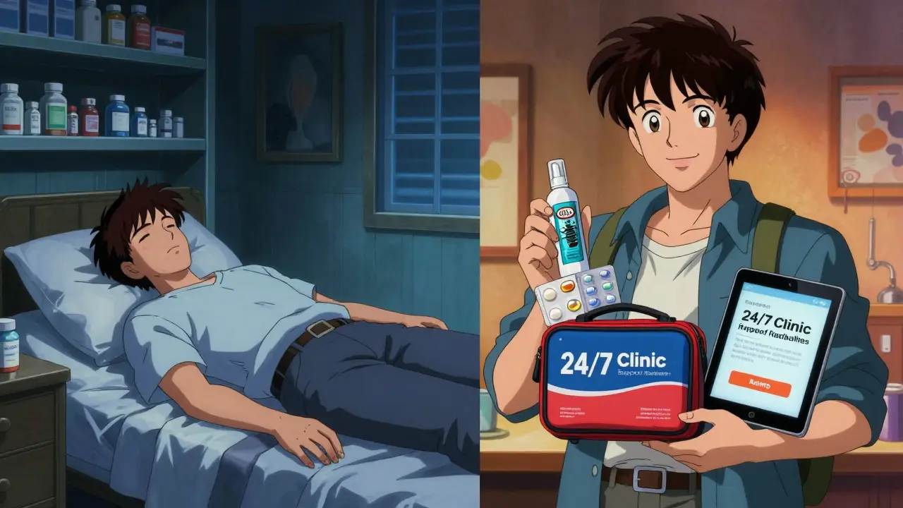 A traveler's contrast between illness abroad and preparedness with a health kit and digital clinic support.