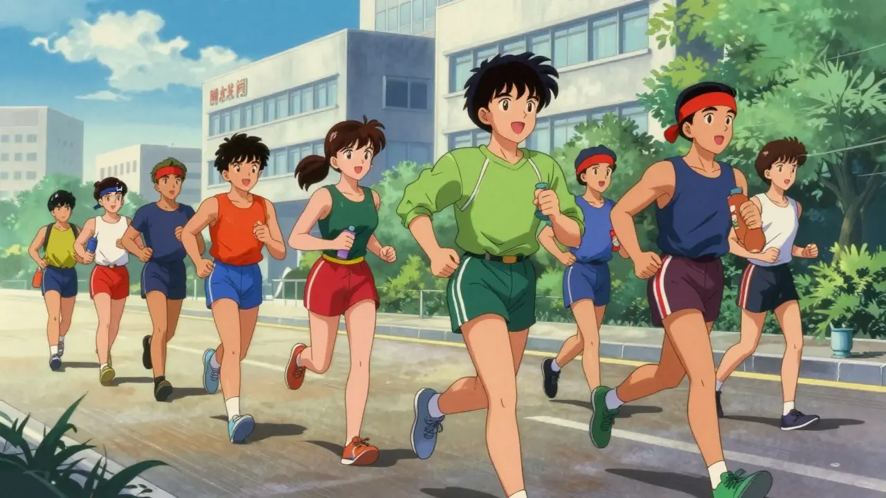 Diverse group jogging in sunny city street
