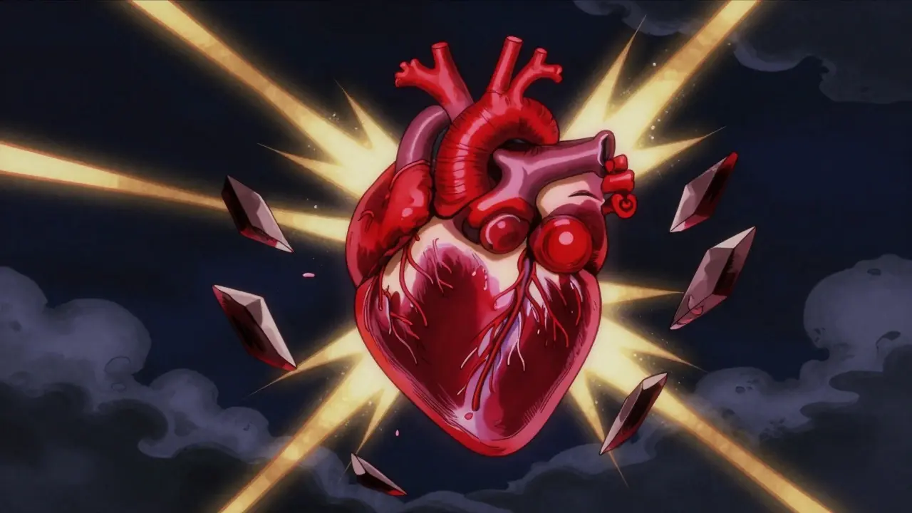 Glowing red heart surrounded by dark risk shards