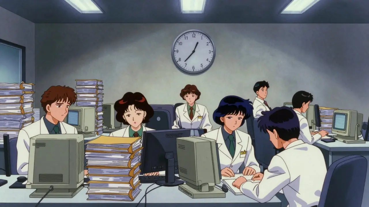 Regulatory office staff reviewing stacks of medical papers