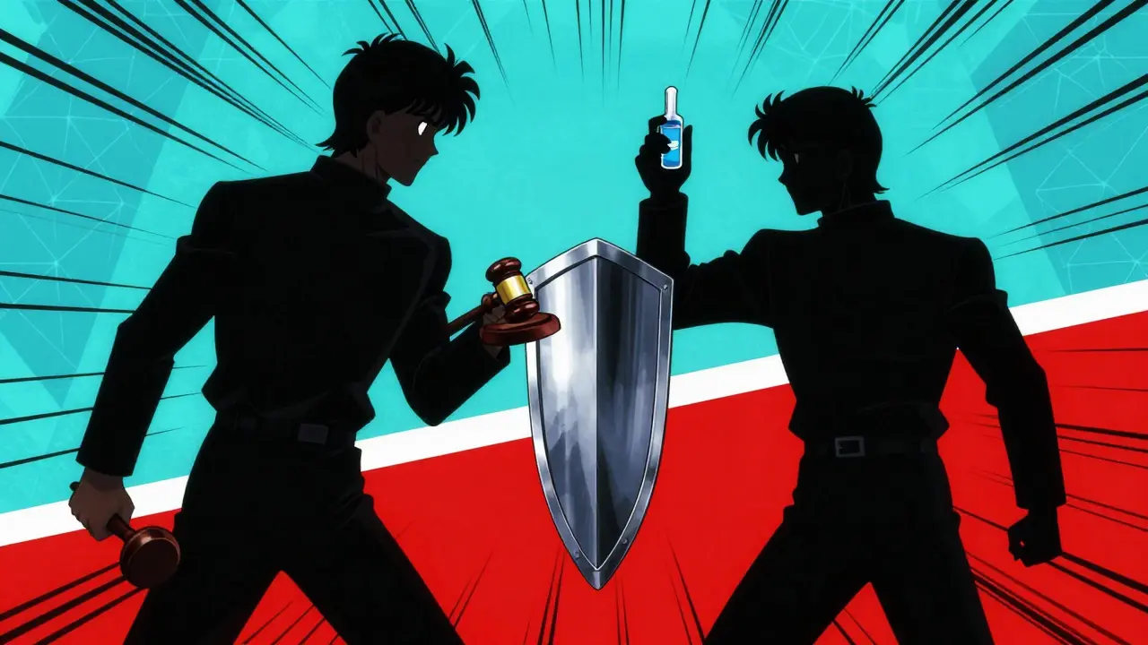 Silhouette standoff representing patent legal battle over drugs