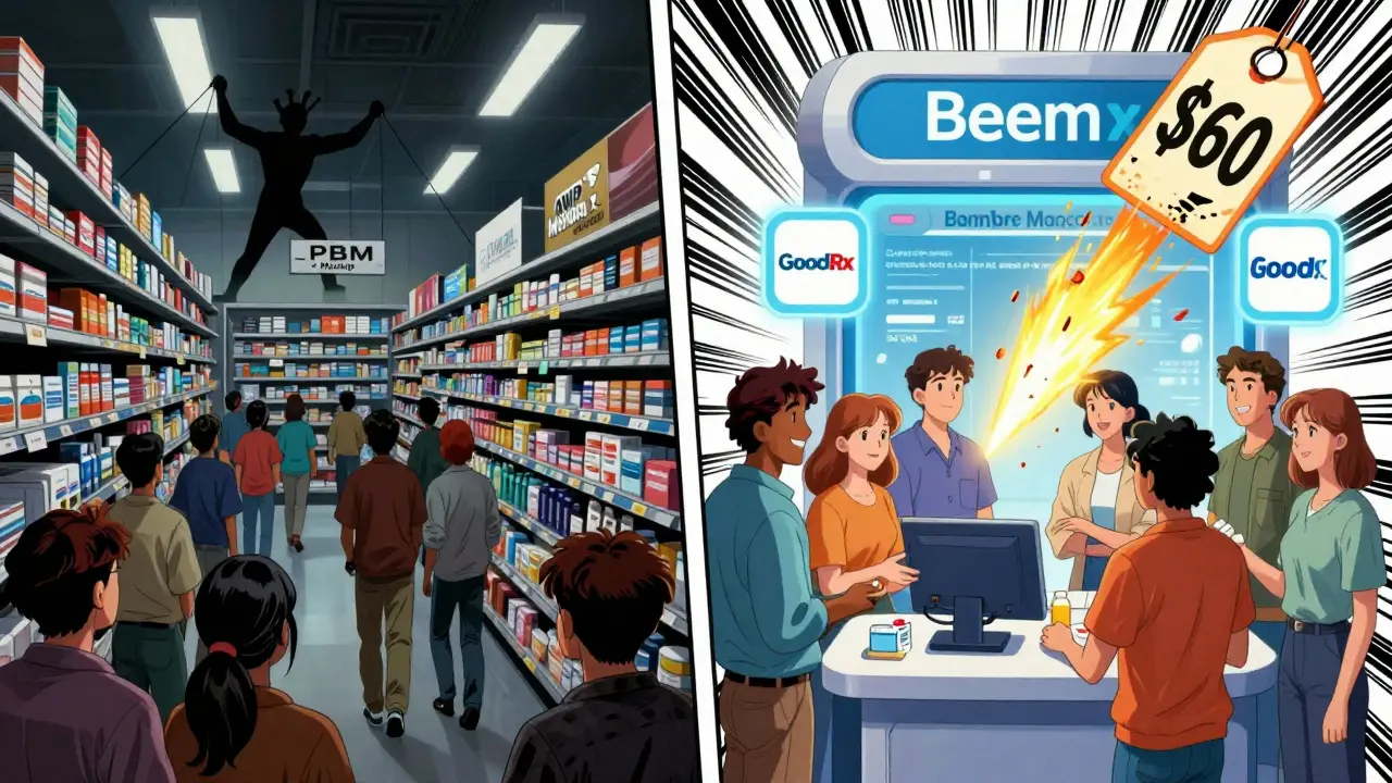 Split scene: dark retail pharmacy vs. bright e-pharmacy kiosk with floating discount icons.