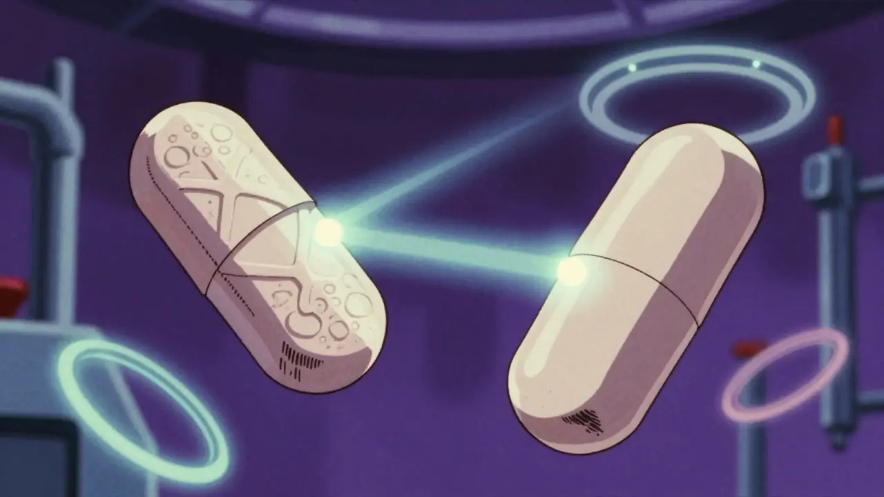 Two pills floating showing identical chemical structures glowing in abstract space.