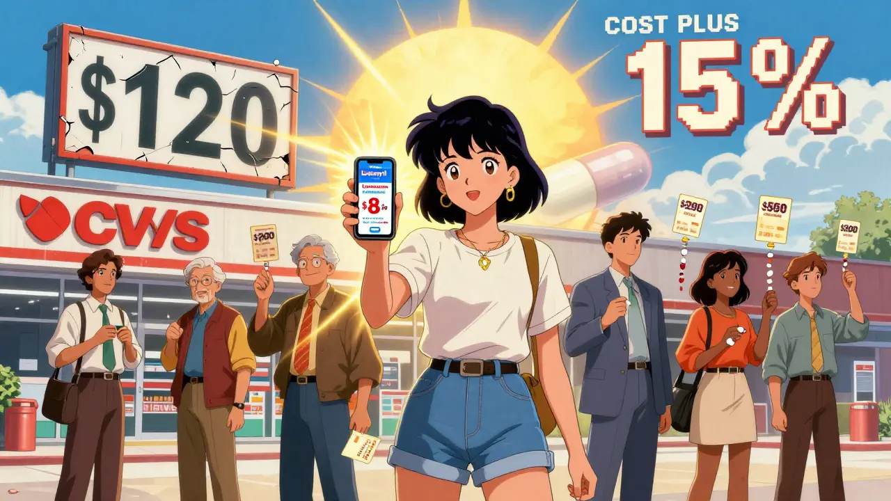 Woman holding smartphone coupon as giant pharmacy price tag crumbles behind her.