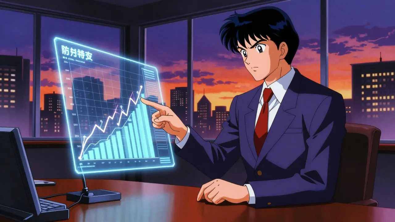 80s anime style corporate executive analyzing market share charts in a high-rise office