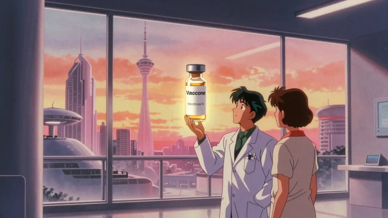 80s anime style doctor and patient looking at a personalized cancer vaccine