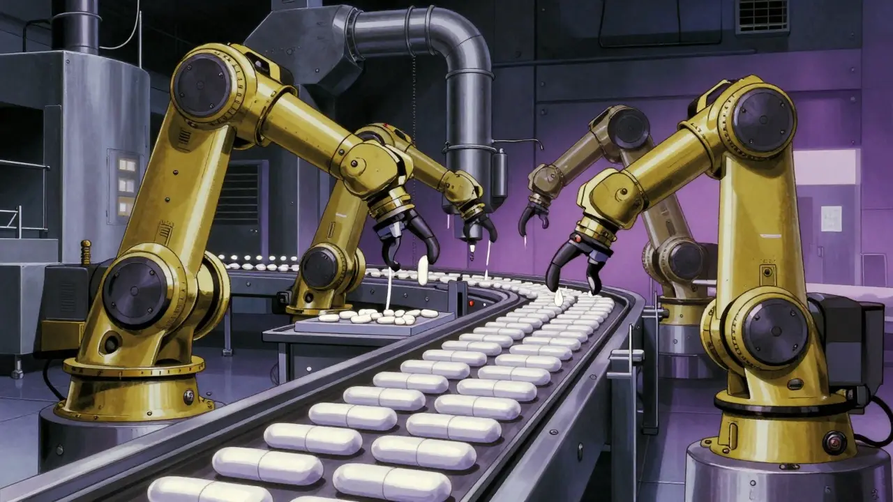 80s anime style pharmaceutical assembly line with pills moving on a conveyor belt in a factory