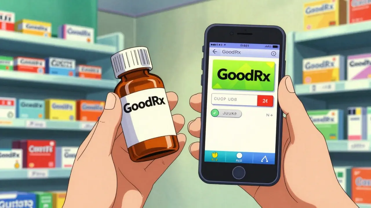 80s anime style showing a hand with a medicine bottle and a discount coupon on a smartphone