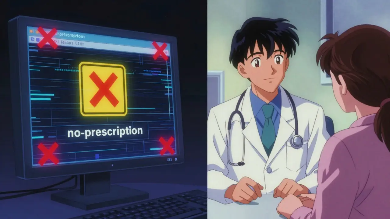 80s anime style split screen comparing a fraudulent website with a legitimate medical consultation