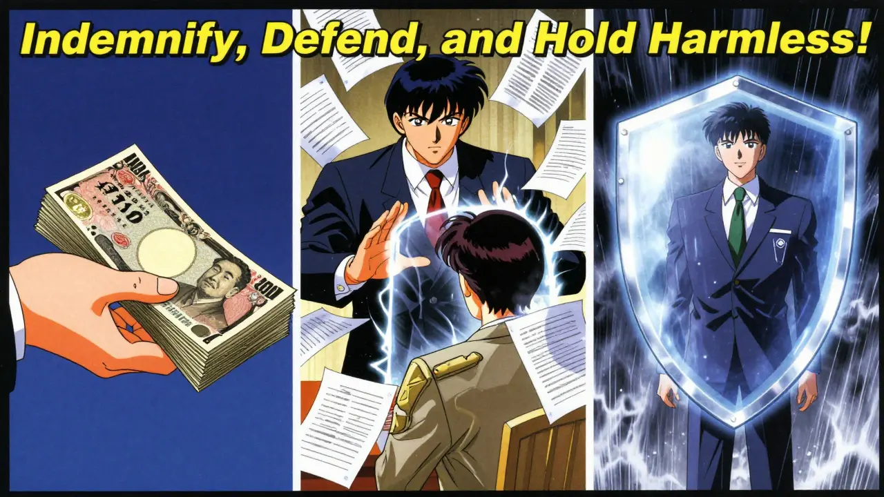 80s anime triptych illustrating reimbursement, legal defense, and a protective shield.