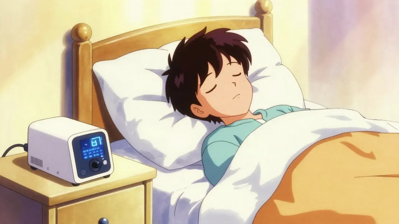 A refreshed person waking up in a sunlit room next to a CPAP machine