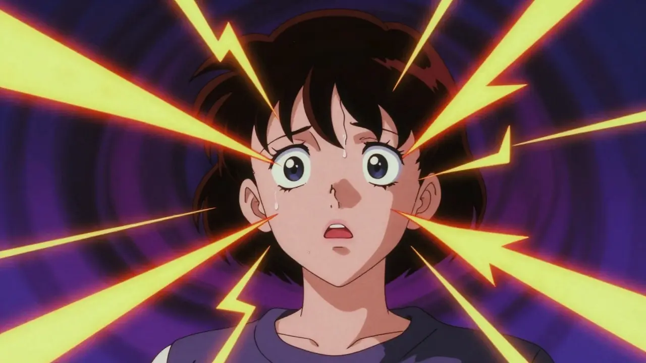 Anime character experiencing anxiety and overstimulation with electric visual effects