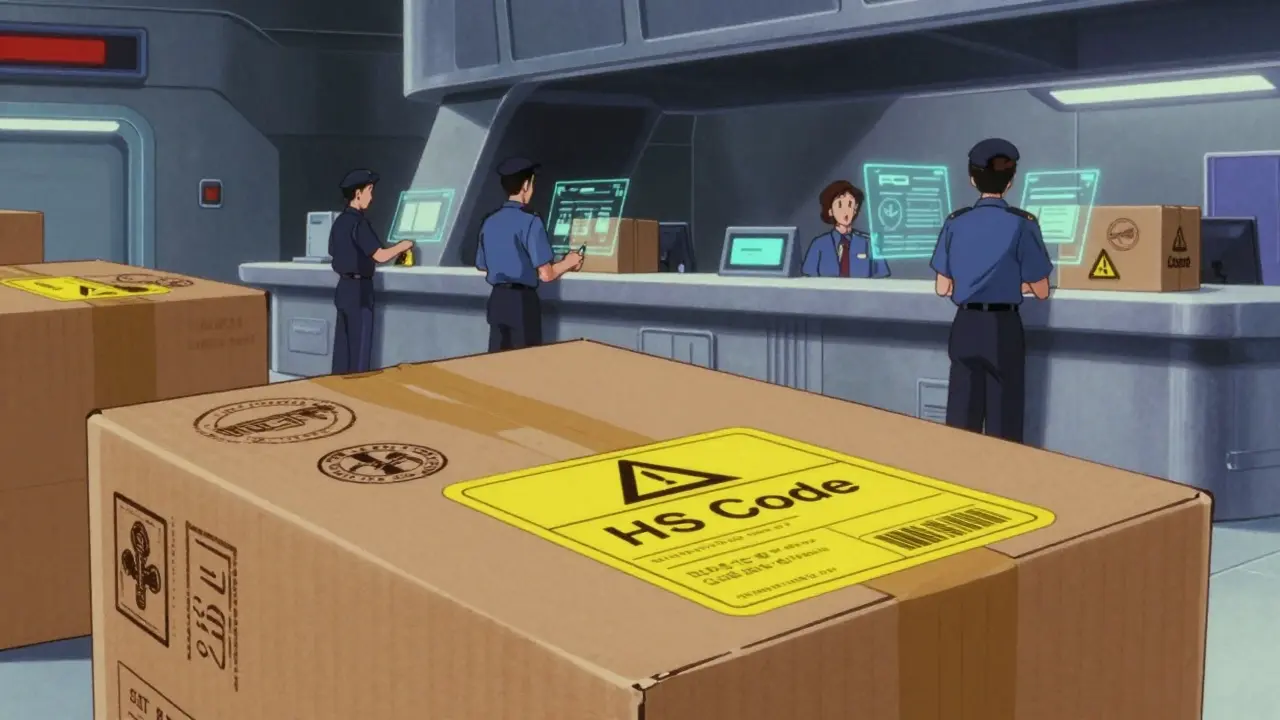 Customs package with HS code being processed in a futuristic warehouse, 80s anime style.