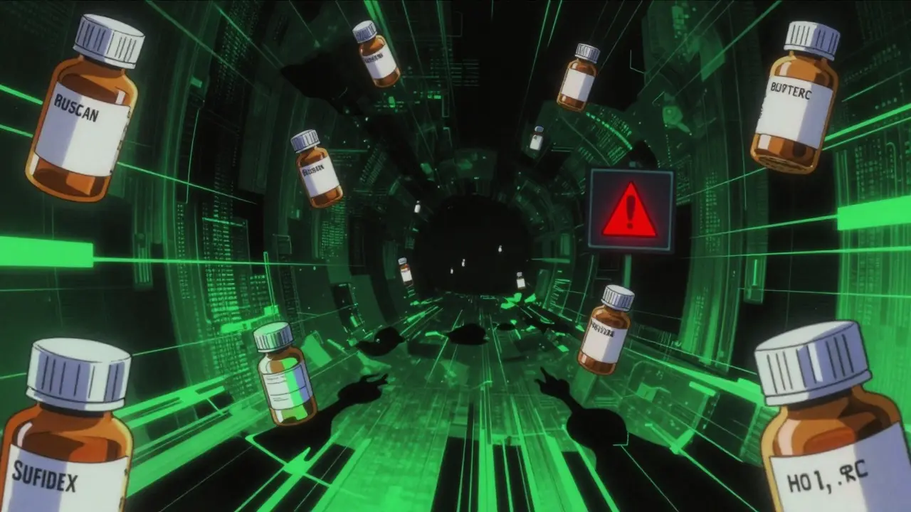 Dark cyberspace symbolizing the danger of illegal online pharmacies in 80s anime style