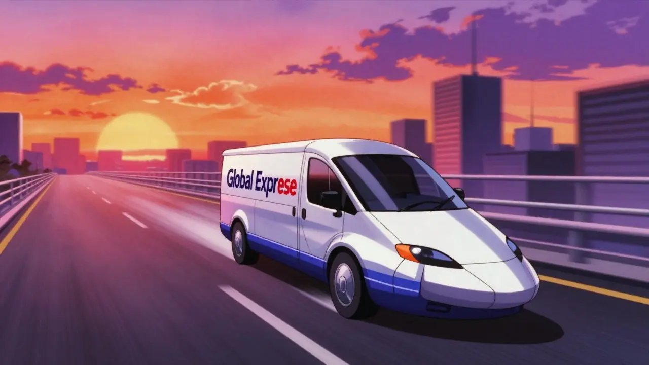 Express delivery van speeding toward a city at sunset in 80s anime style.