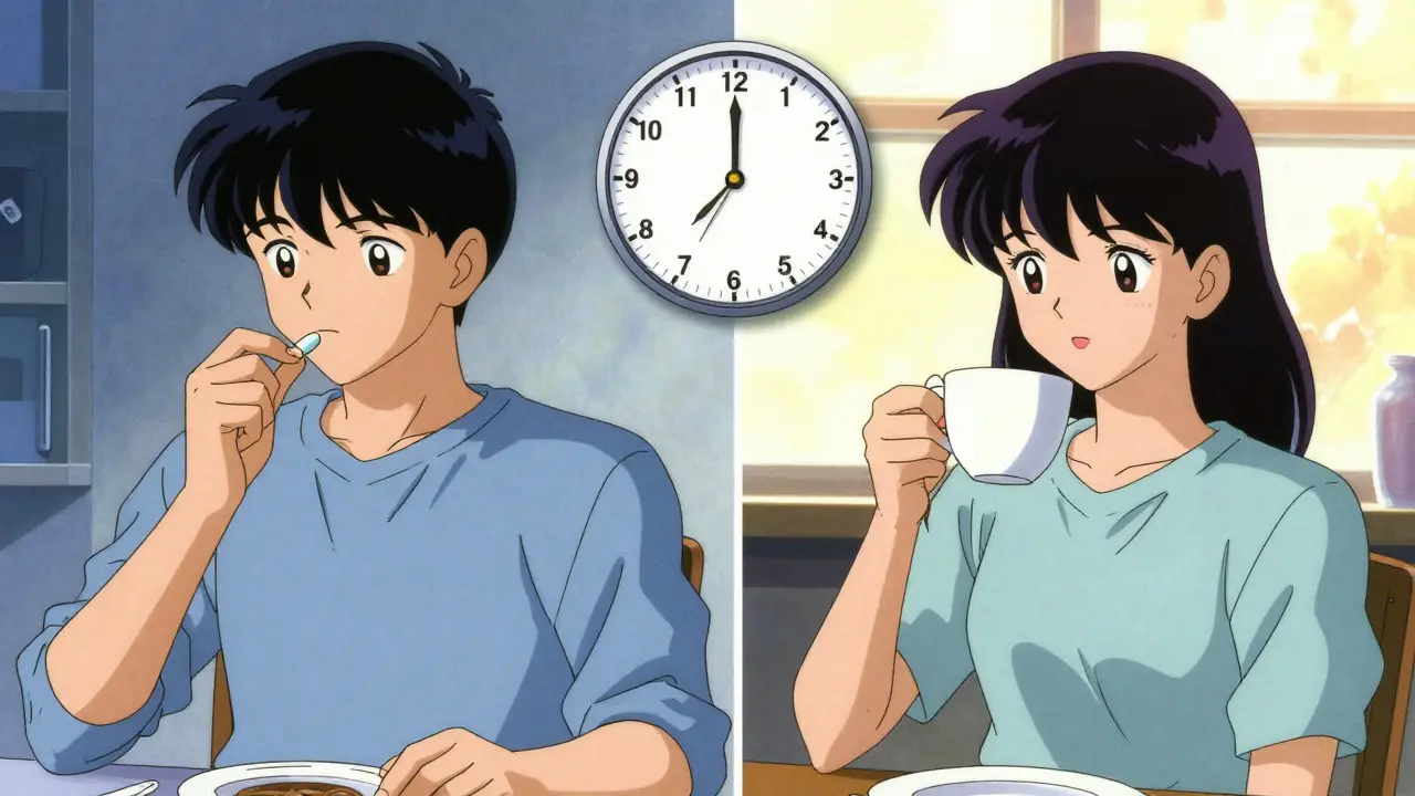 Split-screen anime illustration showing the timed gap between medication and coffee