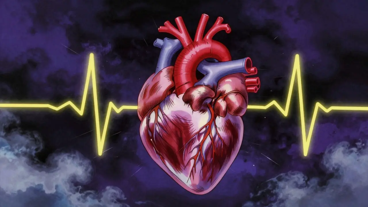 Stylized heart surrounded by yellow lightning bolts and blue mist symbolizing arrhythmia