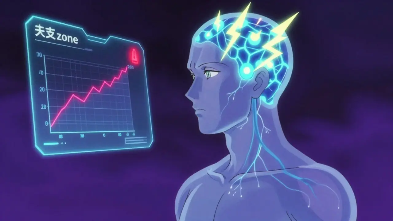Stylized human silhouette with sparking nerves and a medical chart showing drug levels.